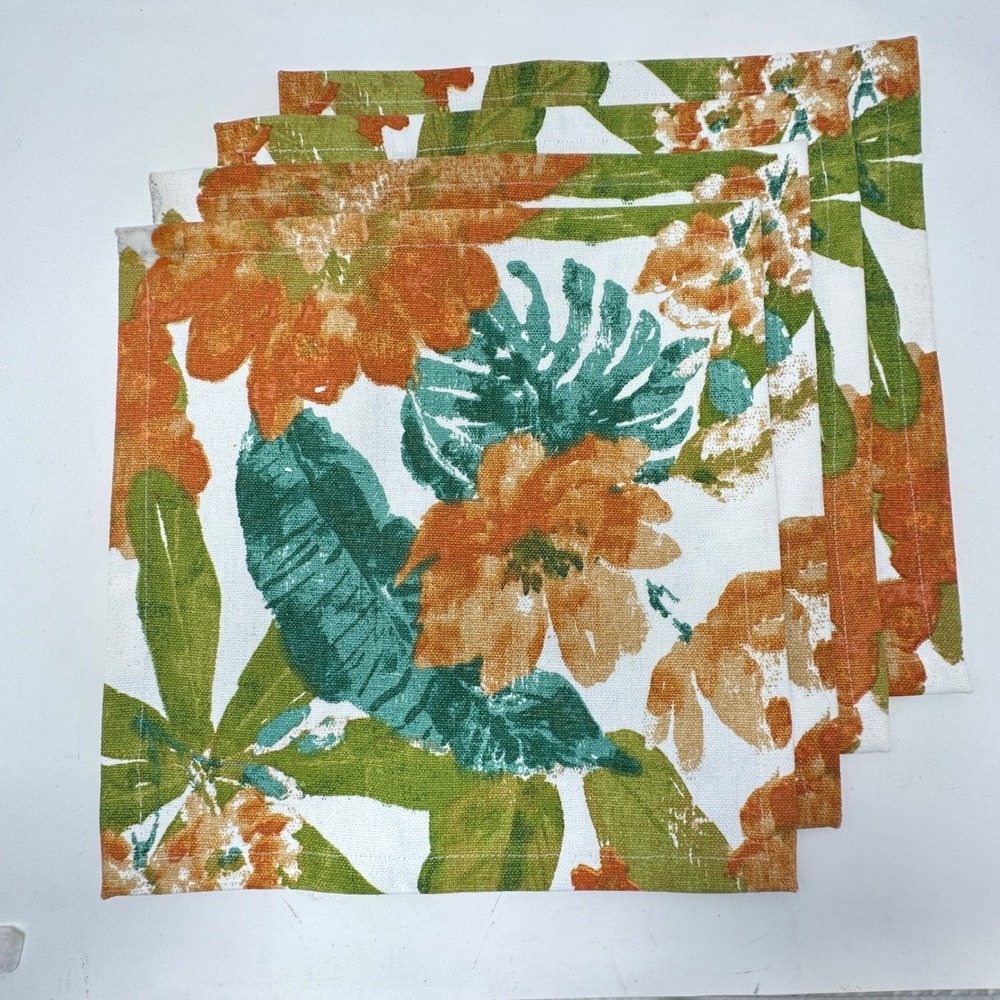 Destination Summer Set 4 Tropical Floral Placemats 14x14 Cotton Orange Green